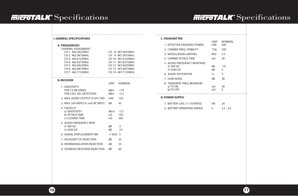 Specifications | Cobra Electronics 2-Way Radio User Manual | Page 11 / 14