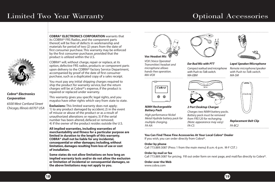 Optional accessories, Limited two year warranty | Cobra Electronics 2-Way Radio User Manual | Page 12 / 14