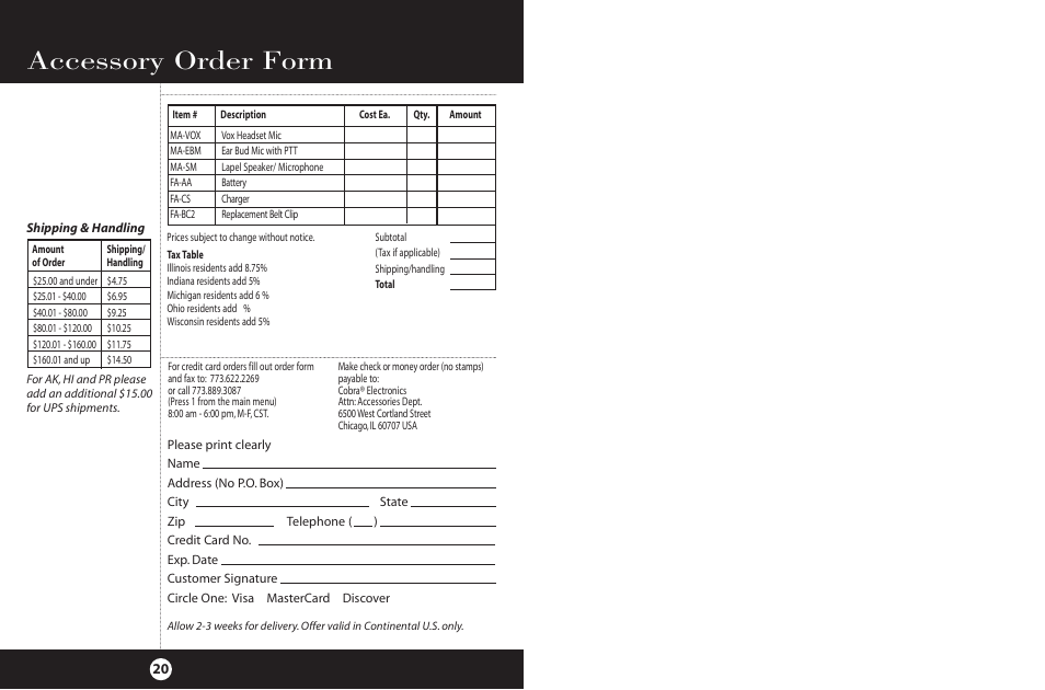 Accessory order form | Cobra Electronics 2-Way Radio User Manual | Page 13 / 14
