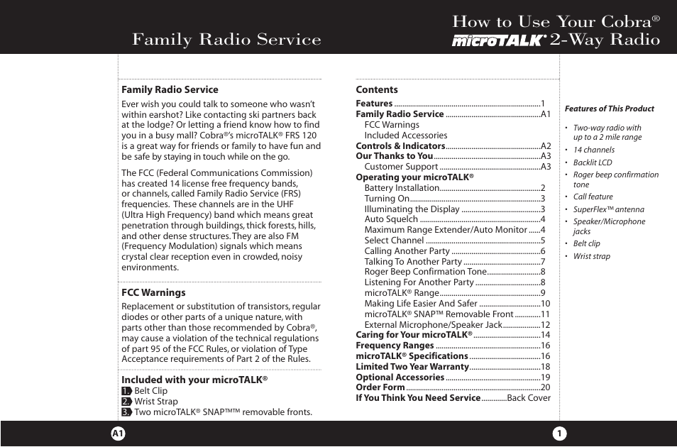 Family radio service, How to use your cobra, Way radio | Cobra Electronics 2-Way Radio User Manual | Page 2 / 14