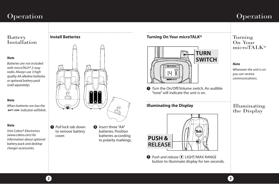 Operation, Turn switch, Battery installation | Turning on your microtalk, Illuminating the display | Cobra Electronics 2-Way Radio User Manual | Page 4 / 14