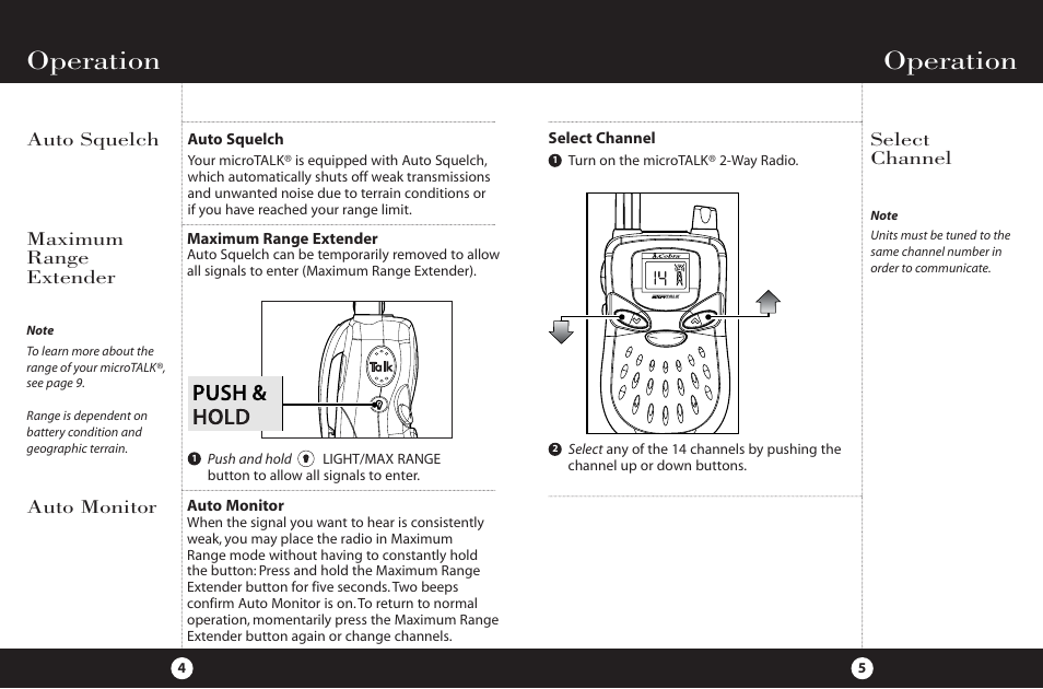 Operation, Select channel, Auto squelch maximum range extender | Auto monitor | Cobra Electronics 2-Way Radio User Manual | Page 5 / 14