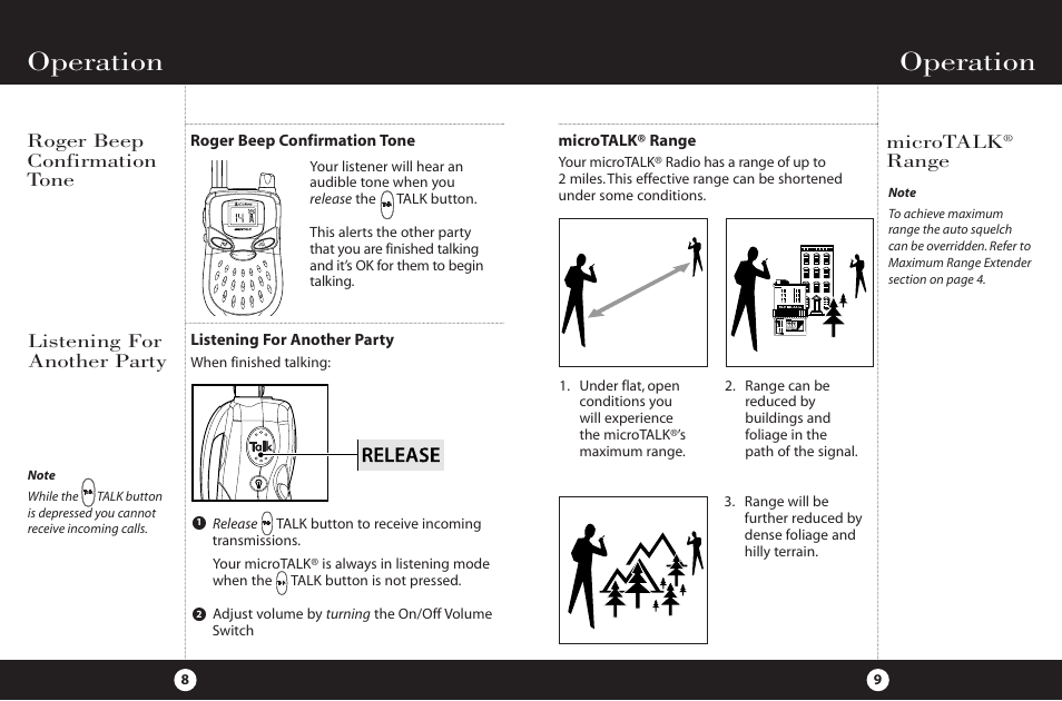 Operation, Roger beep confirmation tone, Microtalk | Range, Listening for another party | Cobra Electronics 2-Way Radio User Manual | Page 7 / 14