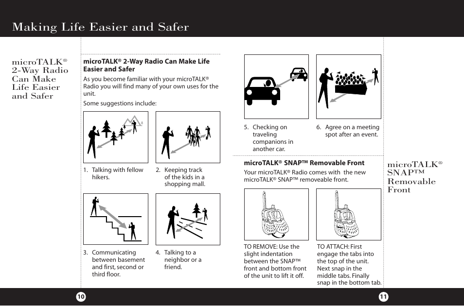 Making life easier and safer, Microtalk, Way radio can make life easier and safer | Snap™ removable front | Cobra Electronics 2-Way Radio User Manual | Page 8 / 14