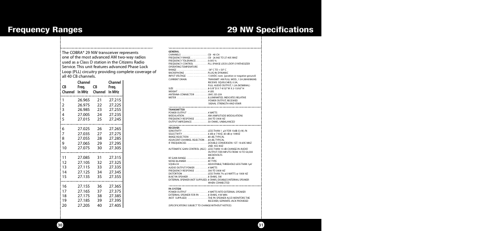 29 nw specifications frequency ranges | Cobra Electronics 29 NW User Manual | Page 16 / 20