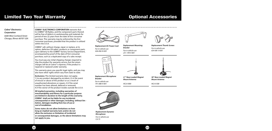 Limited two year warranty, Optional accessories | Cobra Electronics 29 NW User Manual | Page 17 / 20