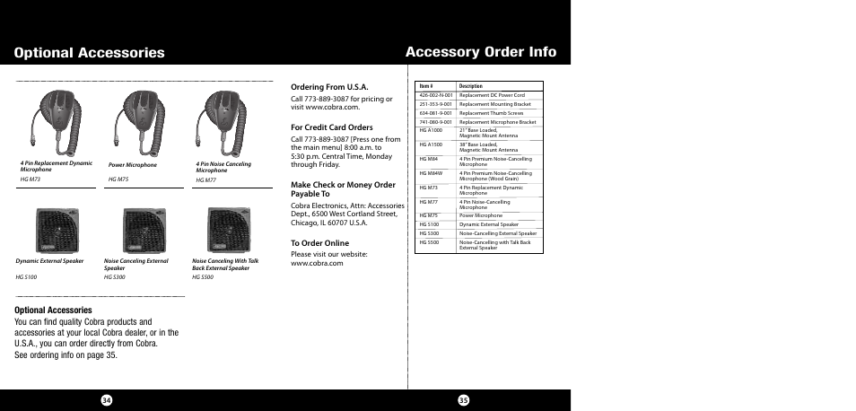 Optional accessories accessory order info, Ordering from u.s.a, For credit card orders | Make check or money order payable to | Cobra Electronics 29 NW User Manual | Page 18 / 20