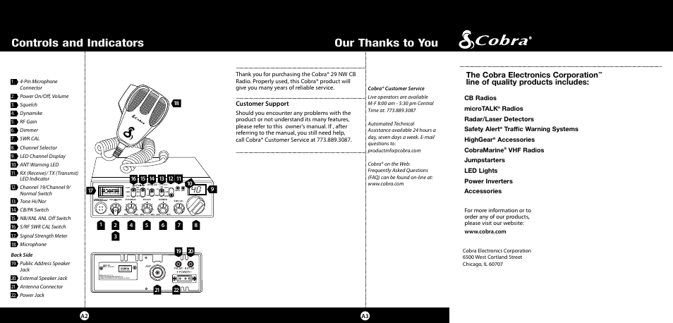 Controls and indicators, The cobra electronics corporation, Line of quality products includes | Customer support, A3 a2, Cb radios microtalk, Radios radar/laser detectors safety alert, Traffic warning systems highgear, Accessories cobramarine | Cobra Electronics 29 NW User Manual | Page 20 / 20