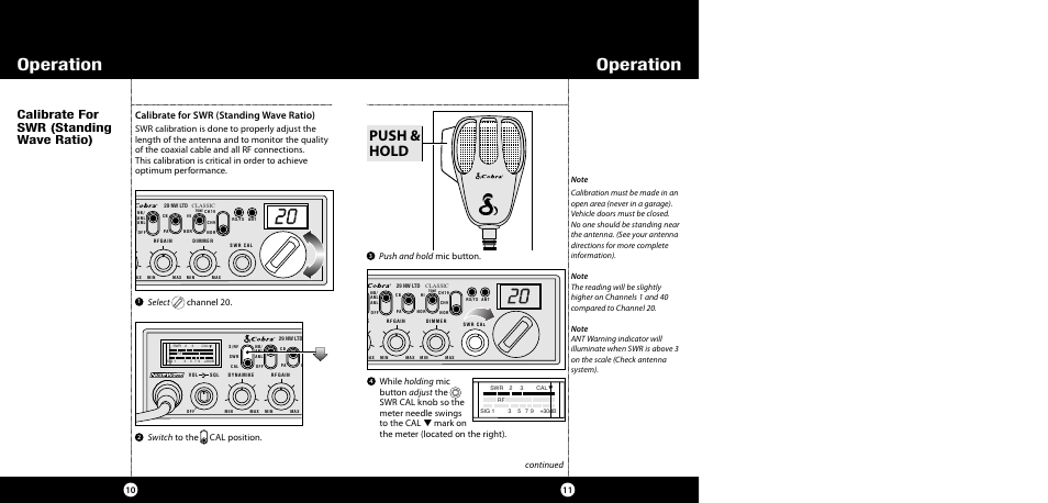 Operation, Push & hold, Calibrate for swr (standing wave ratio) | 11 10 continued, Select channel 20 | Cobra Electronics 29 NW User Manual | Page 6 / 20