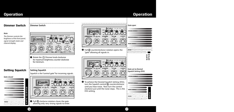 Operation, Dimmer switch, Setting squelch | Dimmer switch setting squelch | Cobra Electronics 29 NW User Manual | Page 9 / 20