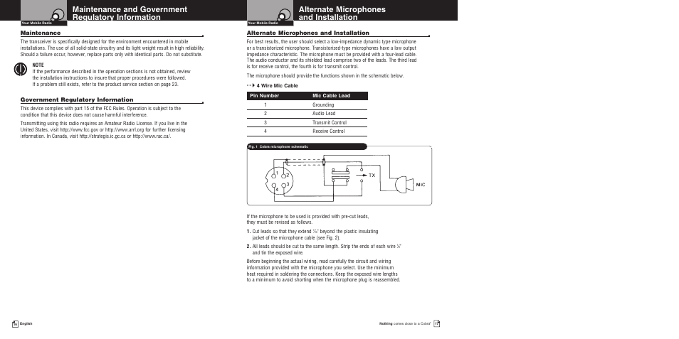 Alternate microphones and installation, Maintenance and government regulatory information | Cobra Electronics 200GTL DX User Manual | Page 12 / 17