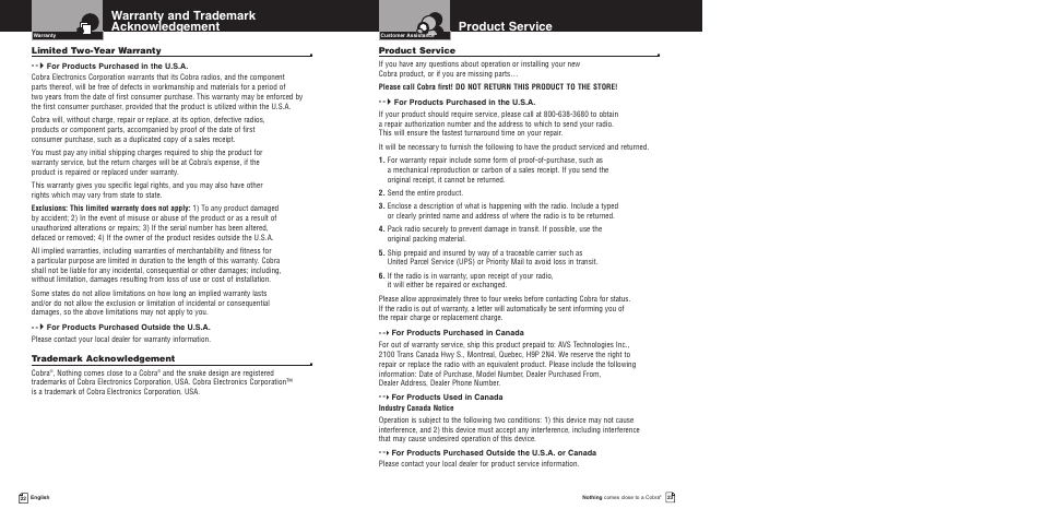 Product service, Warranty and trademark acknowledgement | Cobra Electronics 200GTL DX User Manual | Page 15 / 17