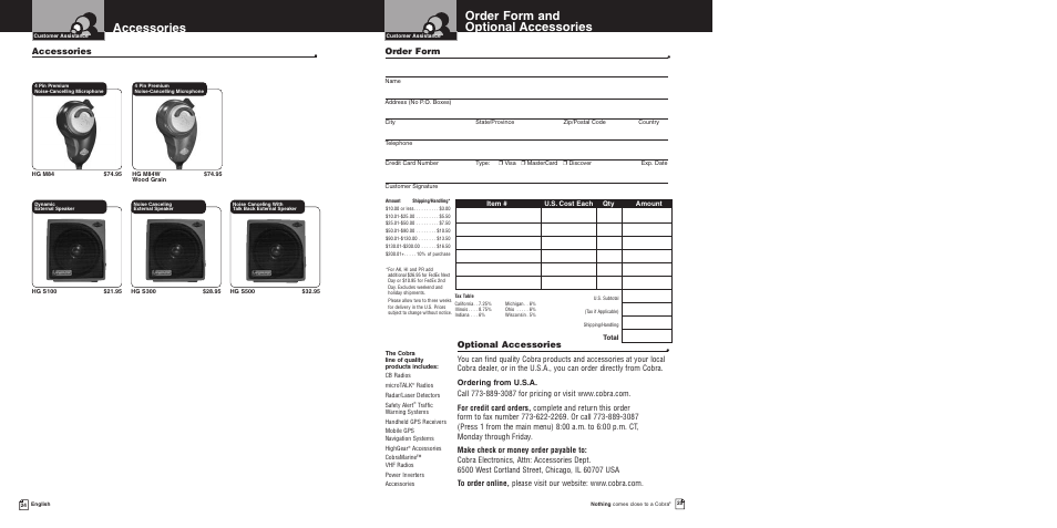 Order form and optional accessories, Accessories, Optional accessories | Order form | Cobra Electronics 200GTL DX User Manual | Page 16 / 17