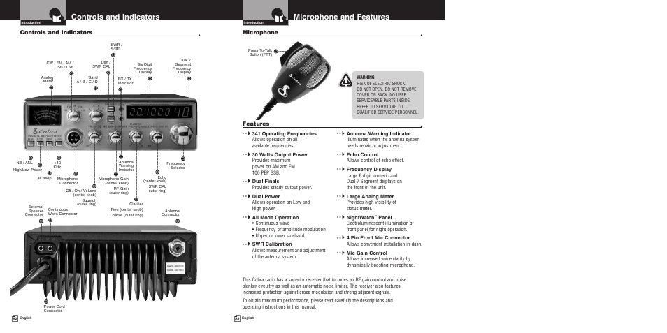 Microphone and features, Controls and indicators, Features | Microphone | Cobra Electronics 200GTL DX User Manual | Page 3 / 17