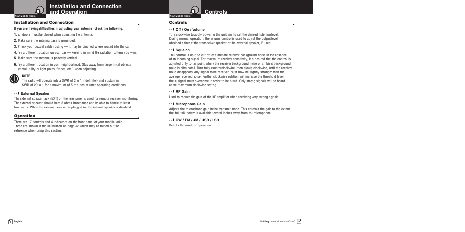 Controls, Installation and connection and operation | Cobra Electronics 200GTL DX User Manual | Page 8 / 17