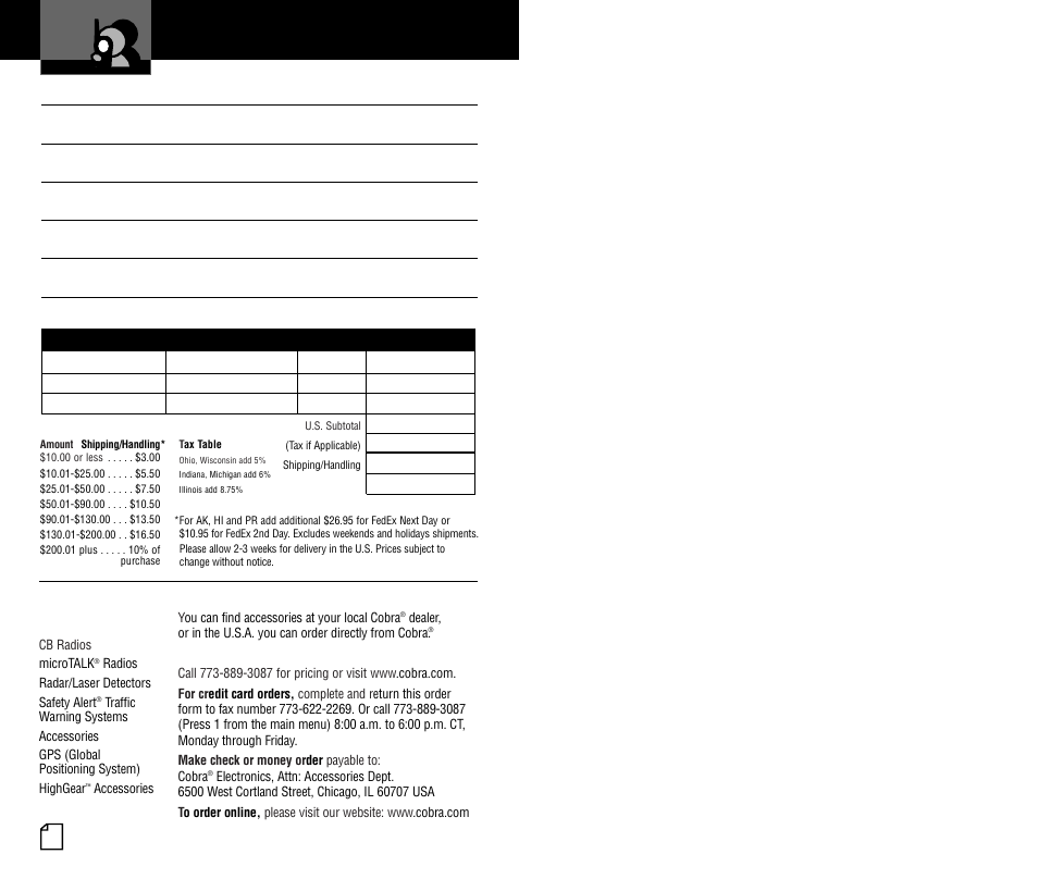 Accessories & order form | Cobra Electronics PR375WX User Manual | Page 12 / 24