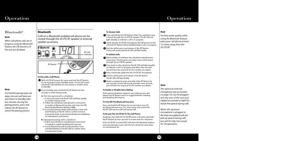 Operation, Bluetooth | Cobra Electronics CB 29 LTD BT User Manual | Page 10 / 21