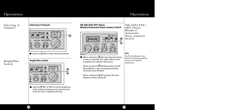 Operation, Selecting a channel, Bright/dim switch | Cobra Electronics CB 29 LTD BT User Manual | Page 11 / 21