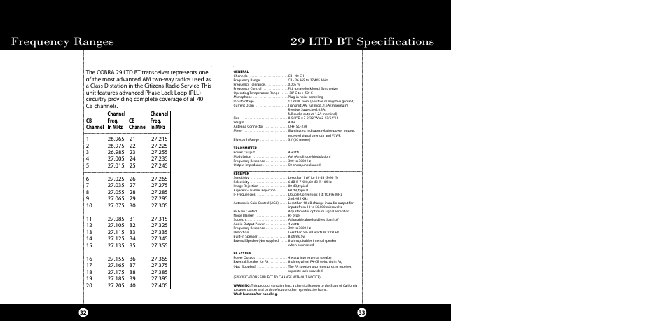 29 ltd bt specifications frequency ranges | Cobra Electronics CB 29 LTD BT User Manual | Page 19 / 21