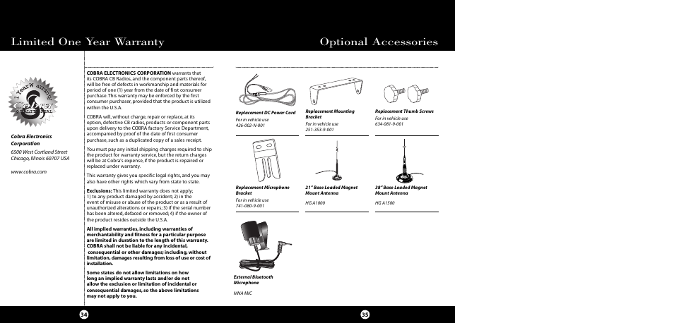 Optional accessories, Limited one year warranty | Cobra Electronics CB 29 LTD BT User Manual | Page 20 / 21