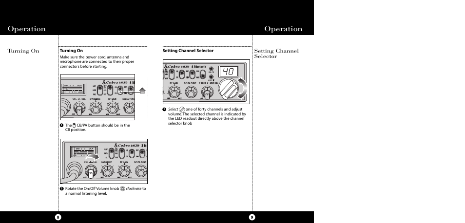 Operation, Turning on setting channel selector | Cobra Electronics CB 29 LTD BT User Manual | Page 7 / 21