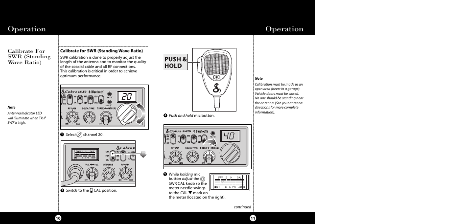 Operation, Calibrate for swr (standing wave ratio) | Cobra Electronics CB 29 LTD BT User Manual | Page 8 / 21