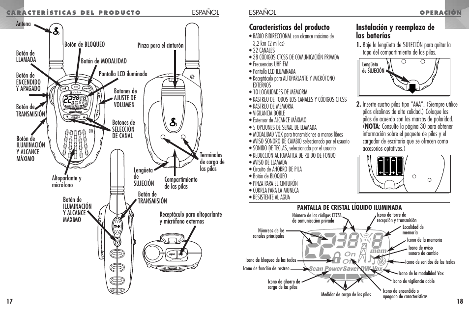 Características del producto, Instalación y reemplazo de las baterías | Cobra Electronics PR330 User Manual | Page 10 / 17