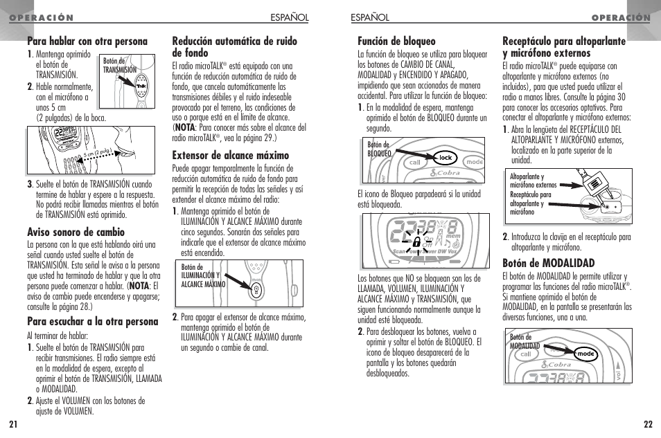 Función de bloqueo, Receptáculo para altoparlante y micrófono externos, Botón de modalidad | Para hablar con otra persona, Aviso sonoro de cambio, Para escuchar a la otra persona, Reducción automática de ruido de fondo, Extensor de alcance máximo | Cobra Electronics PR330 User Manual | Page 12 / 17