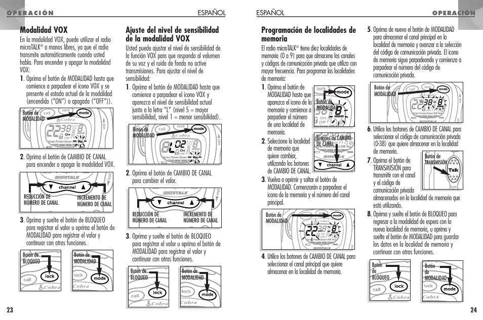 Modalidad vox | Cobra Electronics PR330 User Manual | Page 13 / 17