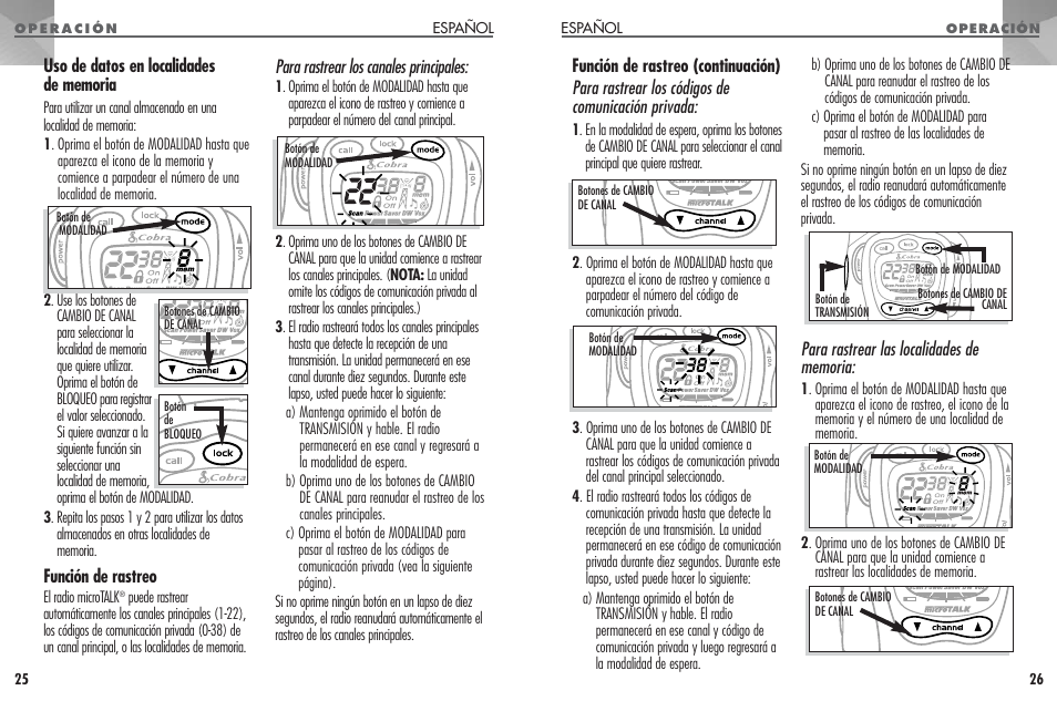 Función de rastreo, Para rastrear los canales principales | Cobra Electronics PR330 User Manual | Page 14 / 17