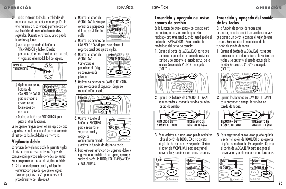Encendido y apagado del aviso sonoro de cambio, Encendido y apagado del sonido de las teclas, Vigilancia doble | Cobra Electronics PR330 User Manual | Page 15 / 17
