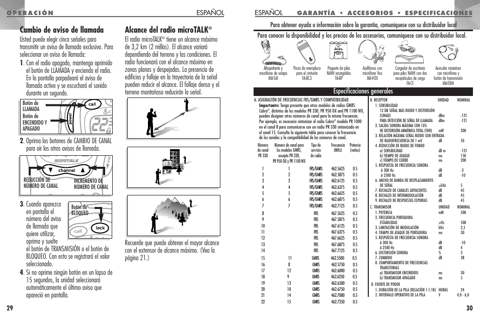 Cambio de aviso de llamada, Alcance del radio microtalk, El radio microtalk | Especificaciones generales, Español 29 | Cobra Electronics PR330 User Manual | Page 16 / 17