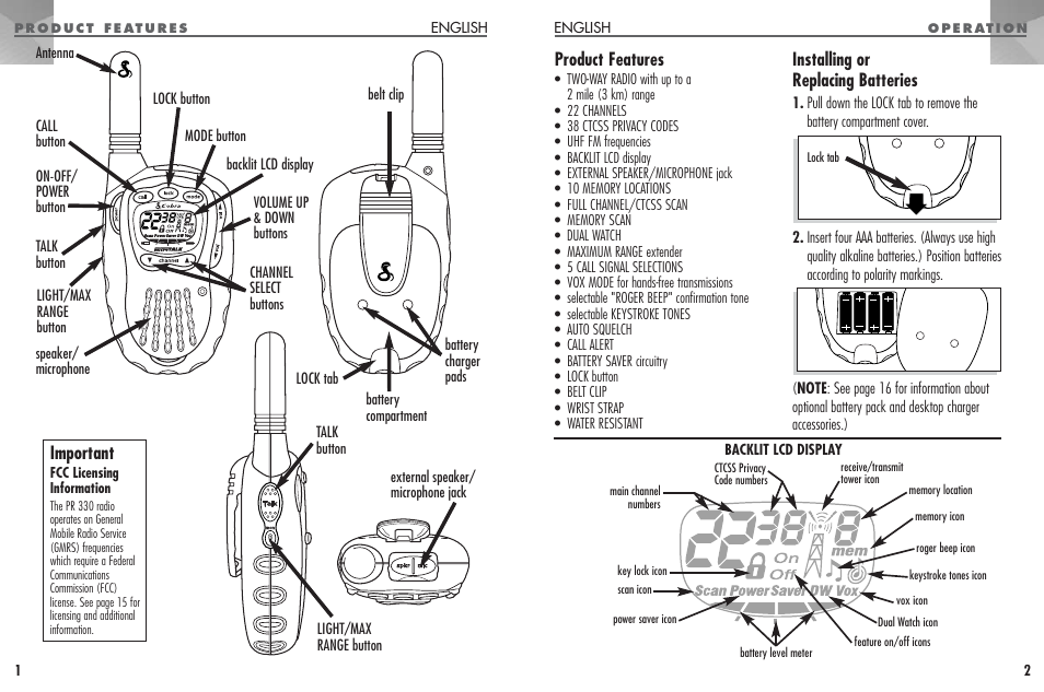 Product features, Installing or replacing batteries, Important | Cobra Electronics PR330 User Manual | Page 2 / 17
