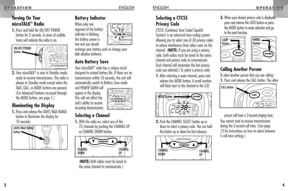 Selecting a ctcss privacy code, Calling another person, Turning on your microtalk | Radio, Illuminating the display, Battery indicator, Auto battery save, Selecting a channel | Cobra Electronics PR330 User Manual | Page 3 / 17