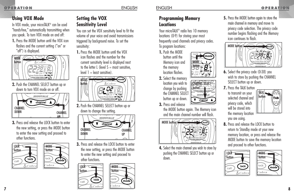 Using vox mode, Setting the vox sensitivity level | Cobra Electronics PR330 User Manual | Page 5 / 17