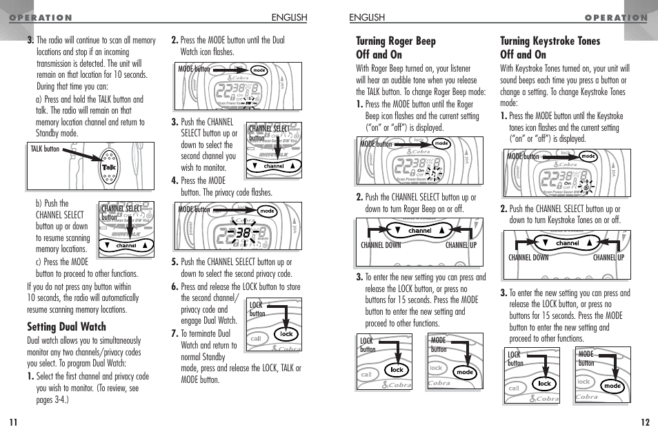 Setting dual watch, Turning roger beep off and on, Turning keystroke tones off and on | Cobra Electronics PR330 User Manual | Page 7 / 17