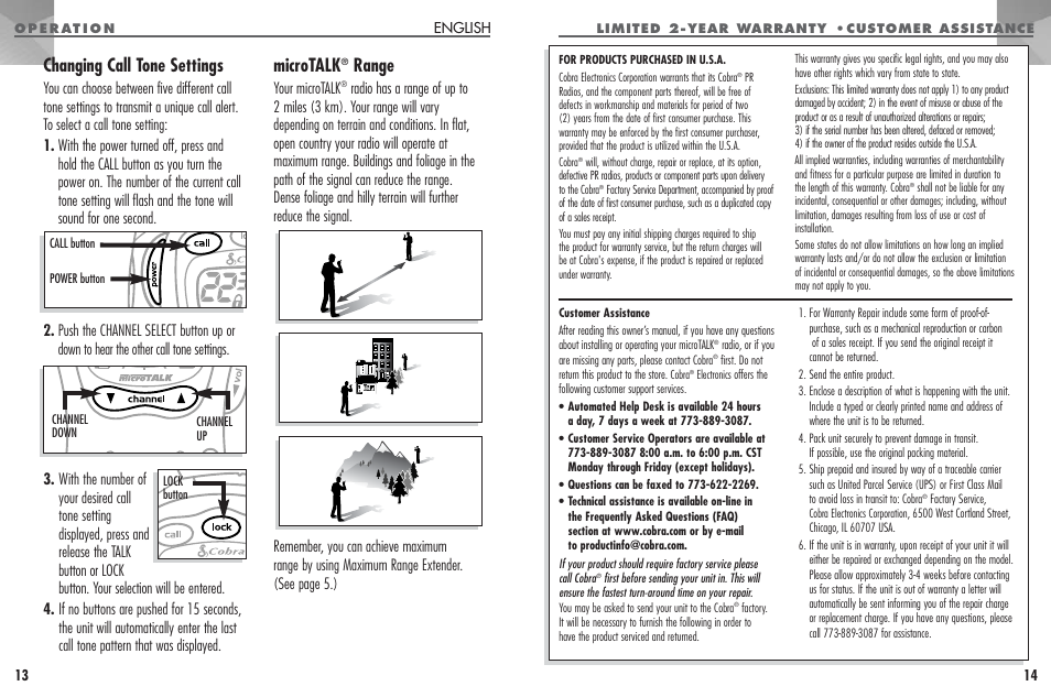 Changing call tone settings, Microtalk, Range | Cobra Electronics PR330 User Manual | Page 8 / 17
