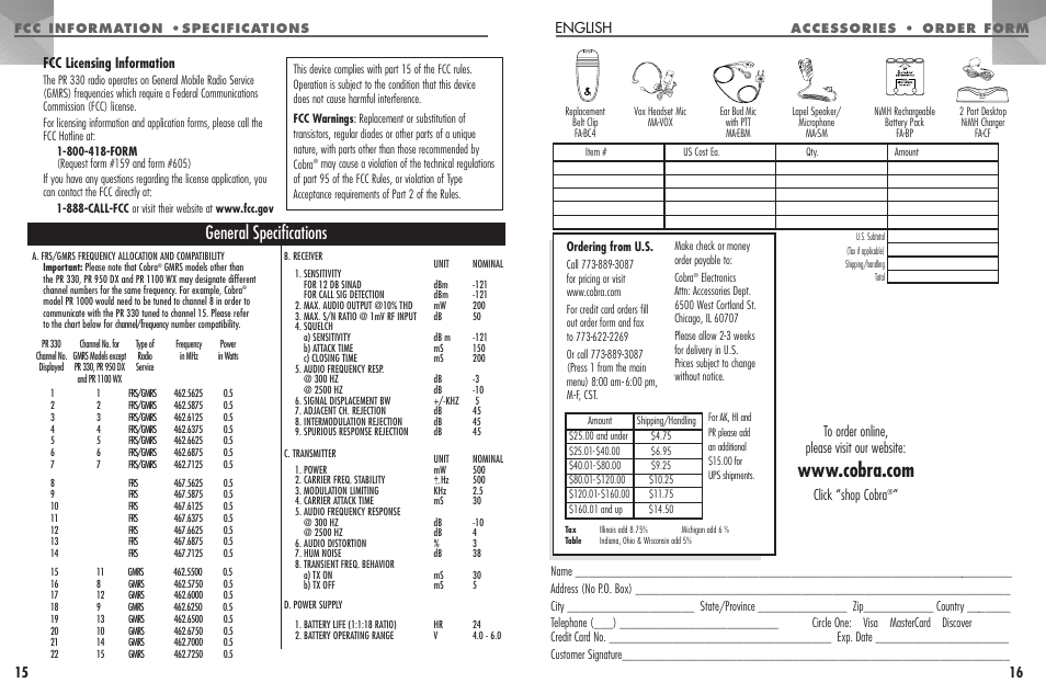 General specifications, English, Fcc licensing information | Click “shop cobra | Cobra Electronics PR330 User Manual | Page 9 / 17