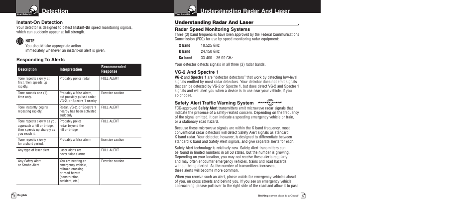 Understanding radar and laser, Detection | Cobra Electronics Pro 9380 User Manual | Page 11 / 16