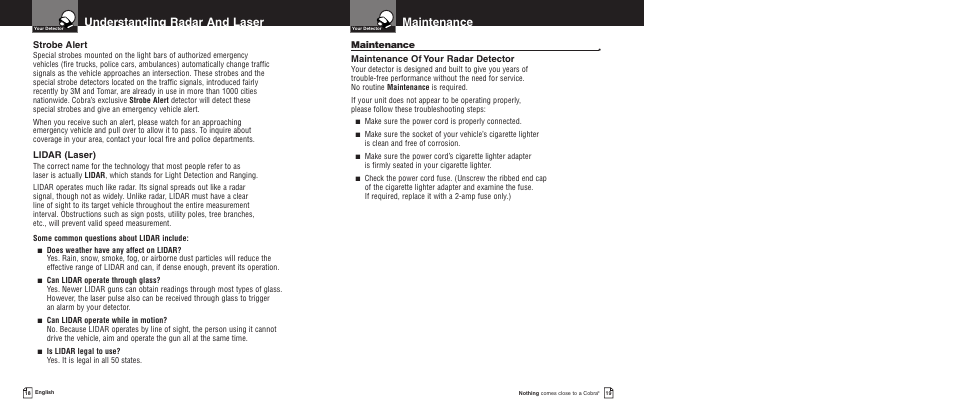 Maintenance, Understanding radar and laser | Cobra Electronics Pro 9380 User Manual | Page 12 / 16