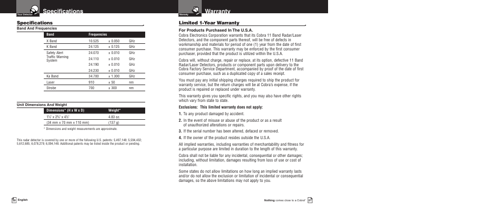 Warranty, Specifications, Limited 1-year warranty | Cobra Electronics Pro 9380 User Manual | Page 13 / 16