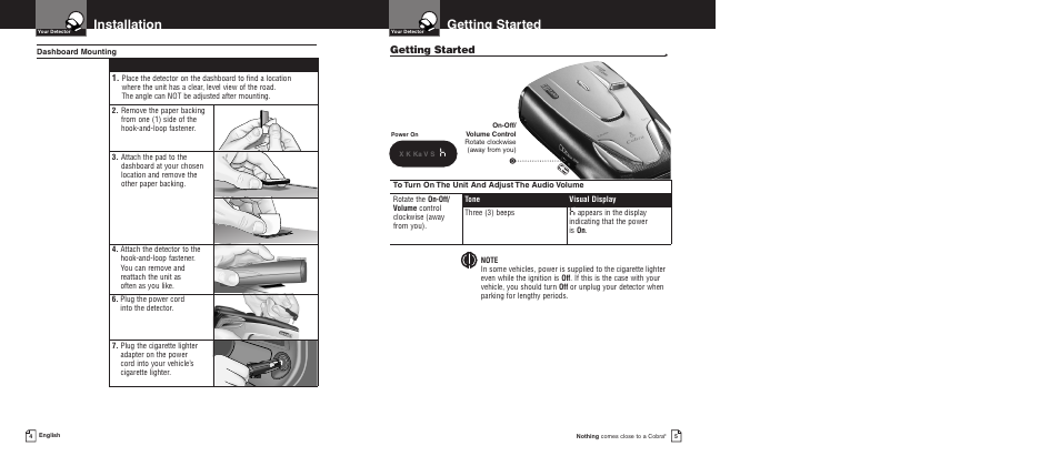 Getting started, Installation | Cobra Electronics Pro 9380 User Manual | Page 5 / 16