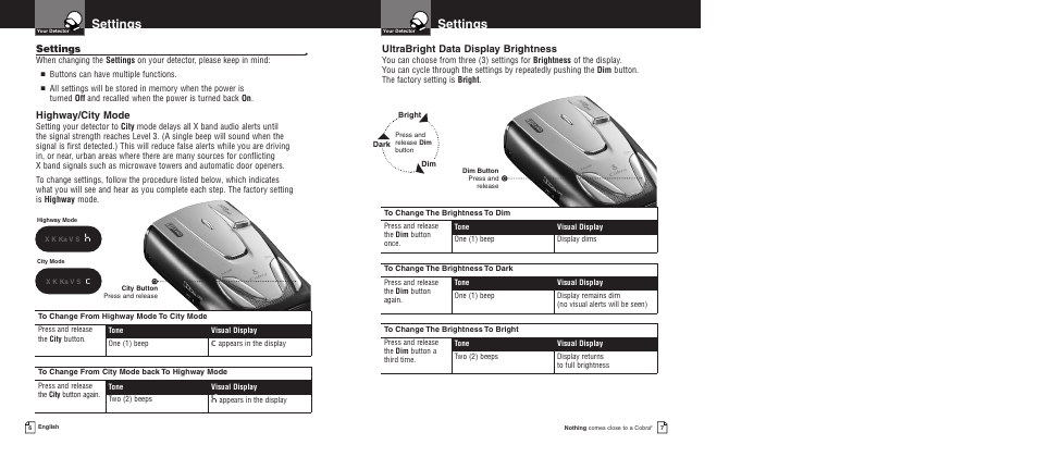 Settings, Ultrabright data display brightness, Highway/city mode | Cobra Electronics Pro 9380 User Manual | Page 6 / 16