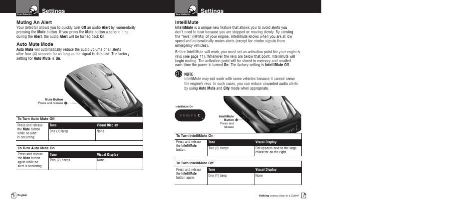 Settings, Muting an alert, Auto mute mode | Intellimute | Cobra Electronics Pro 9380 User Manual | Page 7 / 16