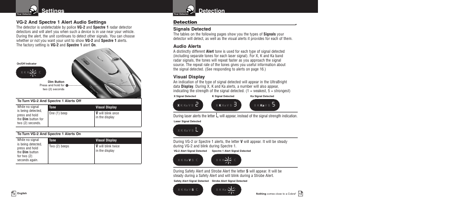 Detection, Settings, Signals detected | Audio alerts, Visual display, Vg-2 and spectre 1 alert audio settings | Cobra Electronics Pro 9380 User Manual | Page 9 / 16