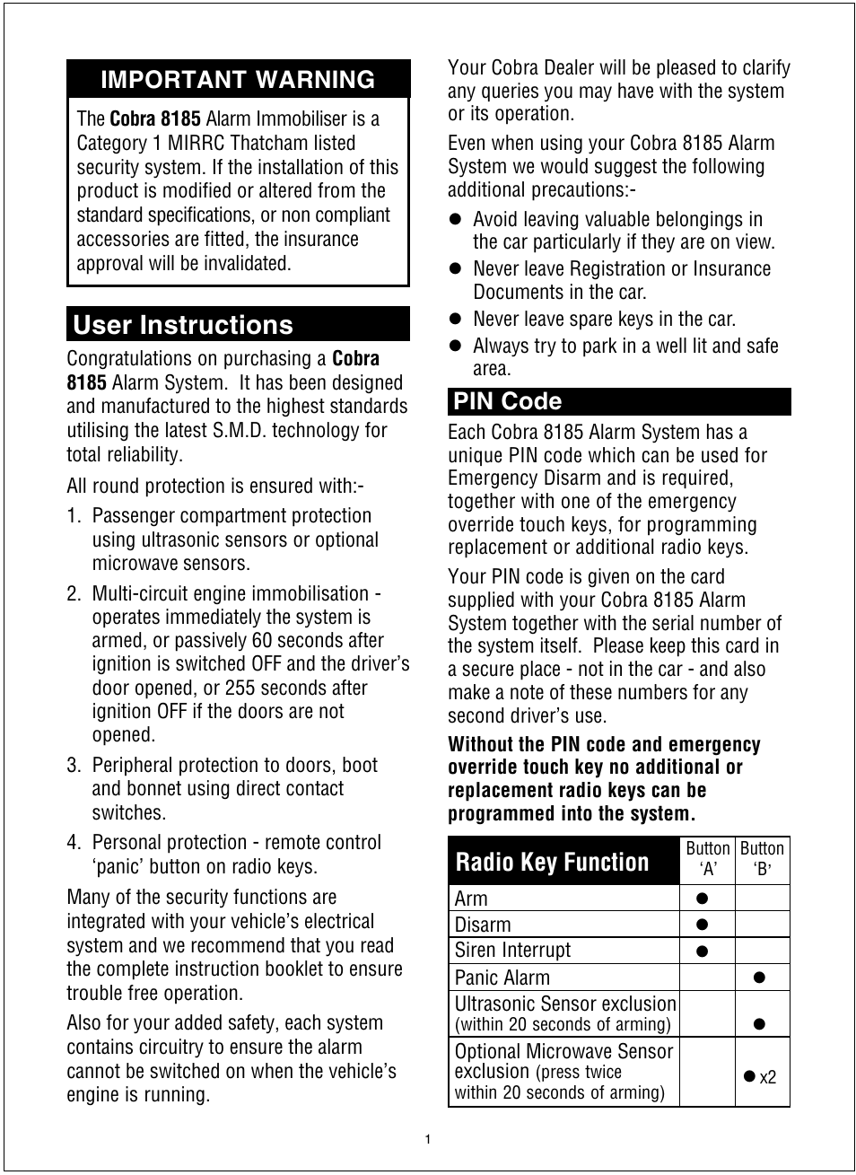 User instructions, Important warning, Pin code | Radio key function | Cobra Electronics 8185 User Manual | Page 2 / 6