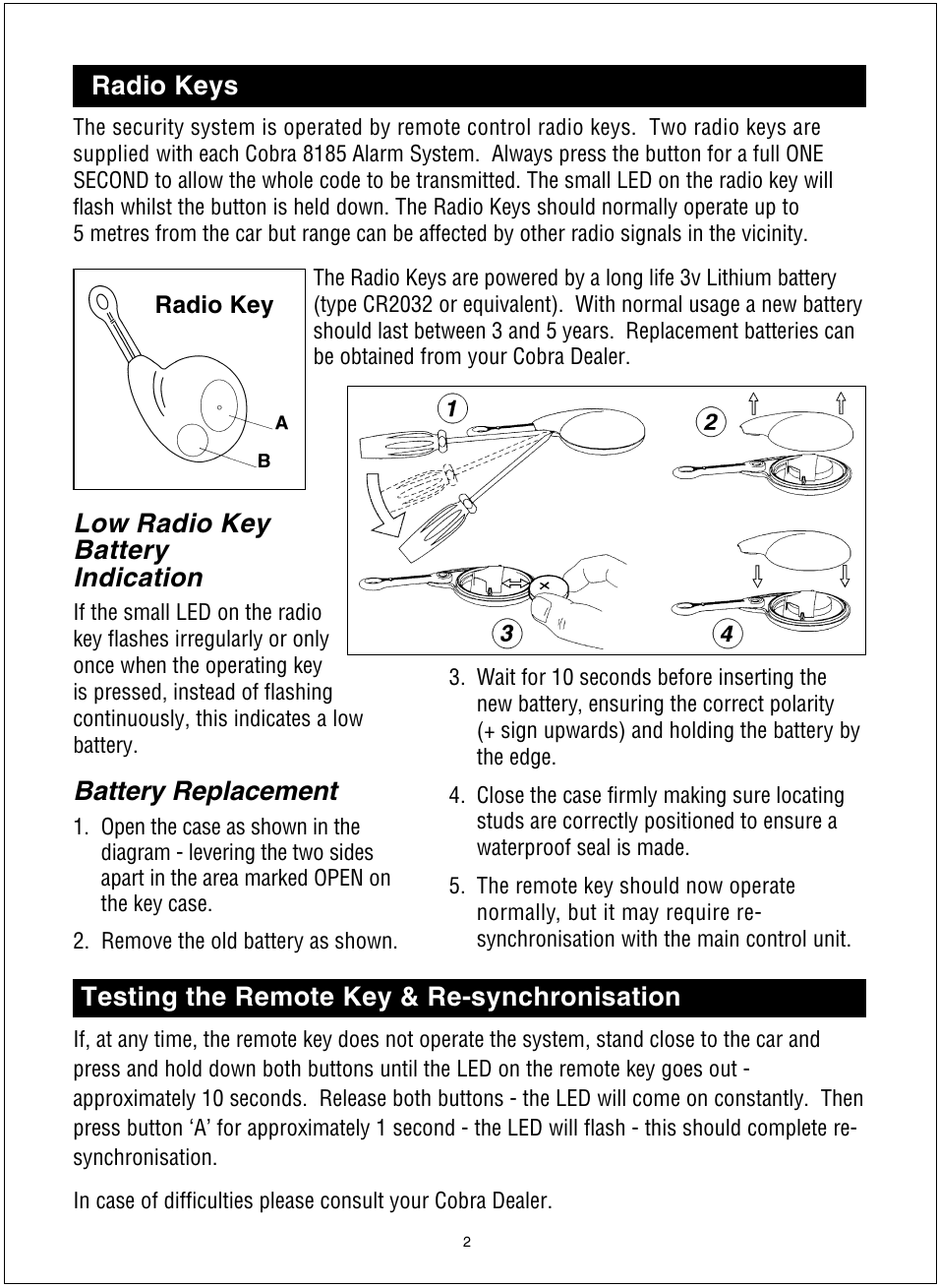 Radio keys, Low radio key battery indication, Battery replacement | Testing the remote key & re-synchronisation | Cobra Electronics 8185 User Manual | Page 3 / 6