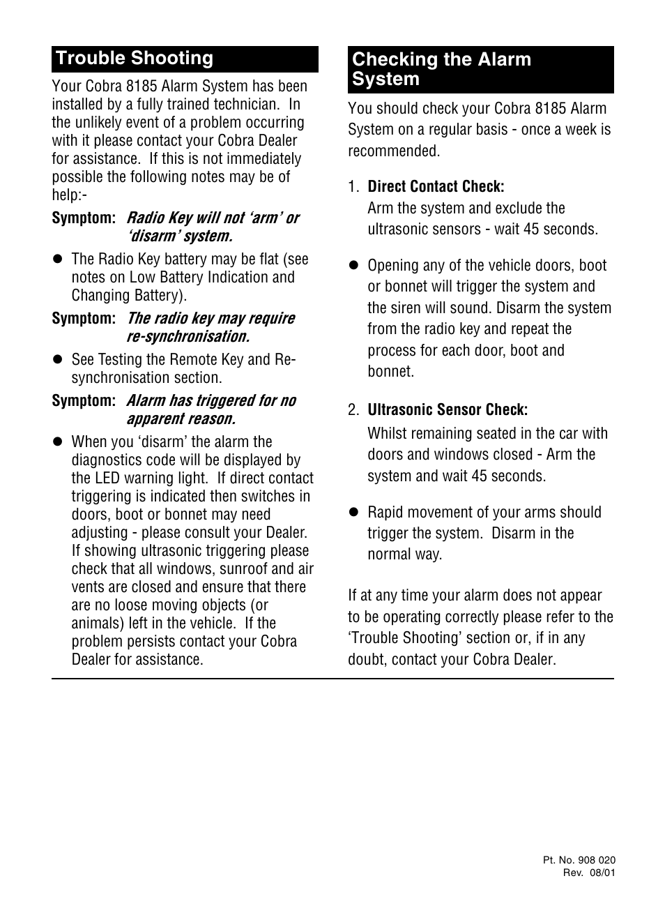 Checking the alarm system trouble shooting | Cobra Electronics 8185 User Manual | Page 6 / 6