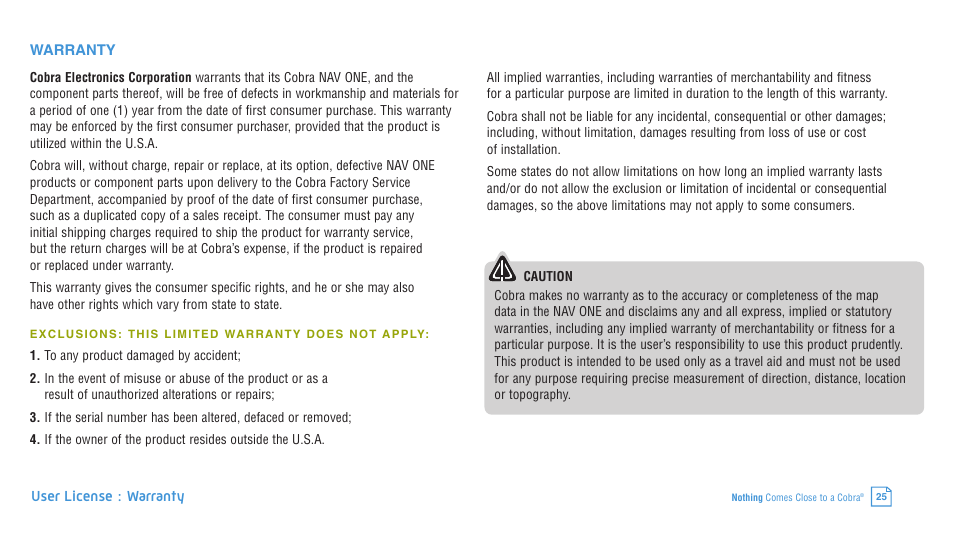 User license : warranty, Warranty | Cobra Electronics 4400 User Manual | Page 25 / 28