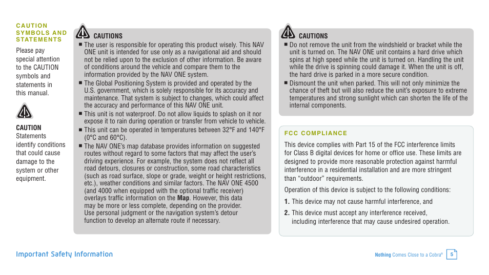 Important safety information | Cobra Electronics 4400 User Manual | Page 5 / 28